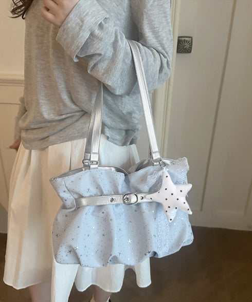 星柄ショルダーバッグチャーム付きトート鞄 可愛いスター柄バッグ レースリボンチャーム付き肩掛けバッグ ホーボーバッグ軽量大容量ギャザーバッグ通勤通学 ハンドバッグ TZM-343