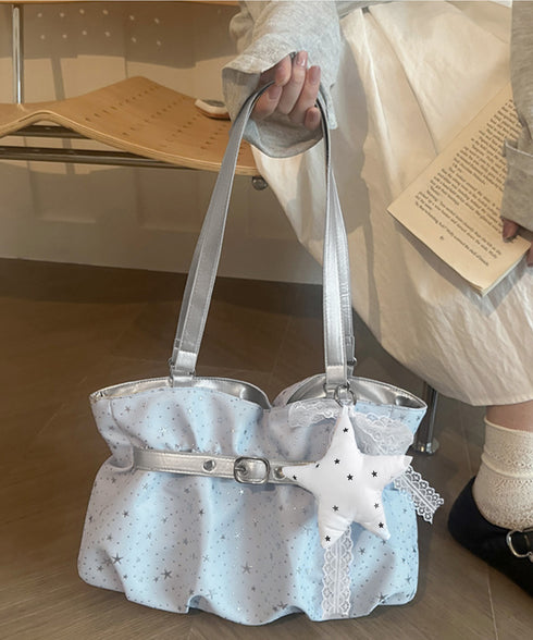 星柄ショルダーバッグチャーム付きトート鞄 可愛いスター柄バッグ レースリボンチャーム付き肩掛けバッグ ホーボーバッグ軽量大容量ギャザーバッグ通勤通学 ハンドバッグ TZM-343