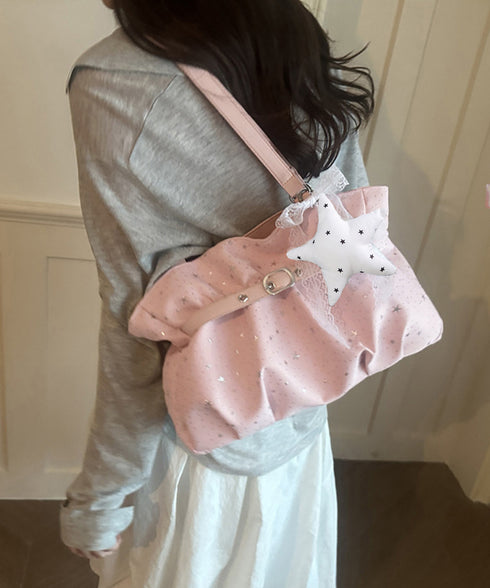 星柄ショルダーバッグチャーム付きトート鞄 可愛いスター柄バッグ レースリボンチャーム付き肩掛けバッグ ホーボーバッグ軽量大容量ギャザーバッグ通勤通学 ハンドバッグ TZM-343