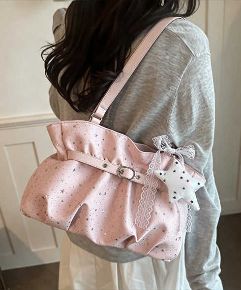 星柄ショルダーバッグチャーム付きトート鞄 可愛いスター柄バッグ レースリボンチャーム付き肩掛けバッグ ホーボーバッグ軽量大容量ギャザーバッグ通勤通学 ハンドバッグ TZM-343