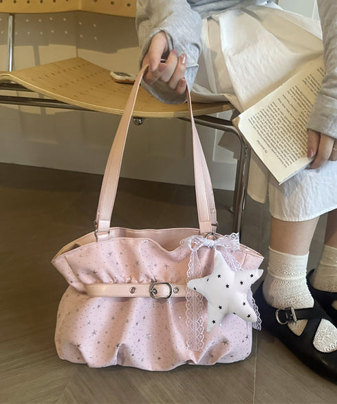星柄ショルダーバッグチャーム付きトート鞄 可愛いスター柄バッグ レースリボンチャーム付き肩掛けバッグ ホーボーバッグ軽量大容量ギャザーバッグ通勤通学 ハンドバッグ TZM-343