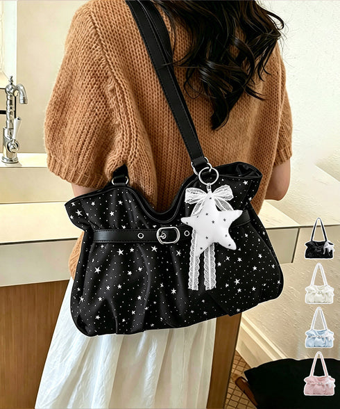星柄ショルダーバッグチャーム付きトート鞄 可愛いスター柄バッグ レースリボンチャーム付き肩掛けバッグ ホーボーバッグ軽量大容量ギャザーバッグ通勤通学 ハンドバッグ TZM-343