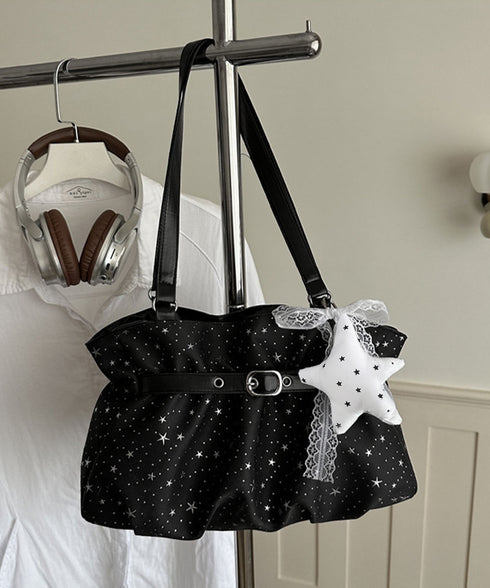 星柄ショルダーバッグチャーム付きトート鞄 可愛いスター柄バッグ レースリボンチャーム付き肩掛けバッグ ホーボーバッグ軽量大容量ギャザーバッグ通勤通学 ハンドバッグ TZM-343