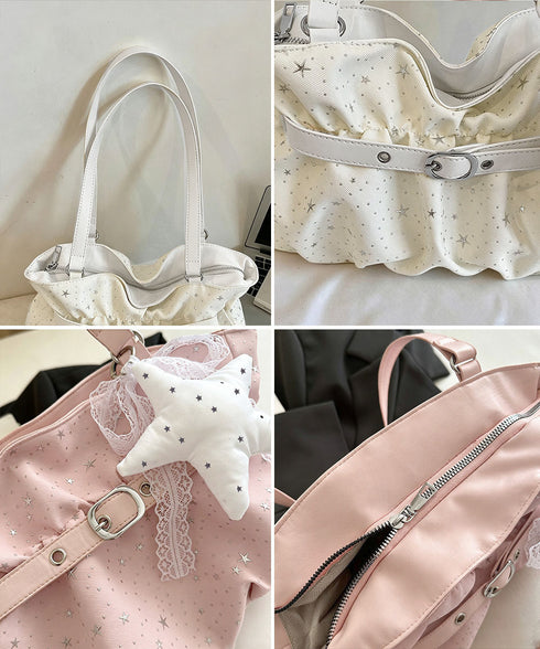 星柄ショルダーバッグチャーム付きトート鞄 可愛いスター柄バッグ レースリボンチャーム付き肩掛けバッグ ホーボーバッグ軽量大容量ギャザーバッグ通勤通学 ハンドバッグ TZM-343