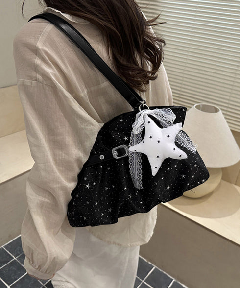 星柄ショルダーバッグチャーム付きトート鞄 可愛いスター柄バッグ レースリボンチャーム付き肩掛けバッグ ホーボーバッグ軽量大容量ギャザーバッグ通勤通学 ハンドバッグ TZM-343