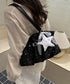 星柄ショルダーバッグチャーム付きトート鞄 可愛いスター柄バッグ レースリボンチャーム付き肩掛けバッグ ホーボーバッグ軽量大容量ギャザーバッグ通勤通学 ハンドバッグ TZM-343