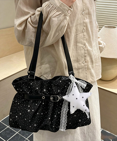 星柄ショルダーバッグチャーム付きトート鞄 可愛いスター柄バッグ レースリボンチャーム付き肩掛けバッグ ホーボーバッグ軽量大容量ギャザーバッグ通勤通学 ハンドバッグ TZM-343