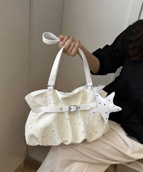 星柄ショルダーバッグチャーム付きトート鞄 可愛いスター柄バッグ レースリボンチャーム付き肩掛けバッグ ホーボーバッグ軽量大容量ギャザーバッグ通勤通学 ハンドバッグ TZM-343