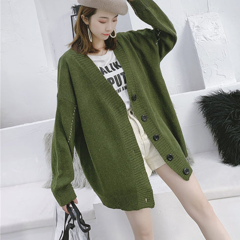 ニットカーディガン レディース アウター ゆったり 韓国風 トップス 羽織り vネックカーデ 体型カバー 長袖 中厚手 ドロップショルダー カーディガン 春秋冬 WANGYUE-002