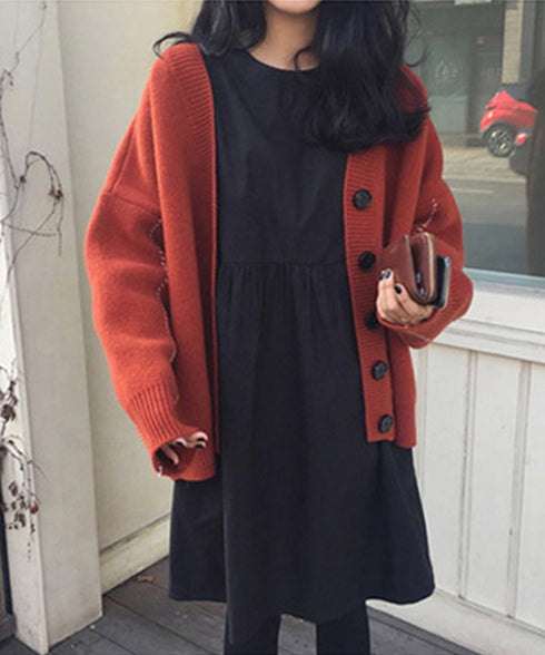 ニットカーディガン レディース アウター ゆったり 韓国風 トップス 羽織り vネックカーデ 体型カバー 長袖 中厚手 ドロップショルダー カーディガン 春秋冬 WANGYUE-002