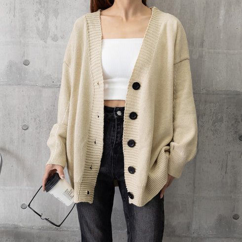 ニットカーディガン レディース アウター ゆったり 韓国風 トップス 羽織り vネックカーデ 体型カバー 長袖 中厚手 ドロップショルダー カーディガン 春秋冬 WANGYUE-002
