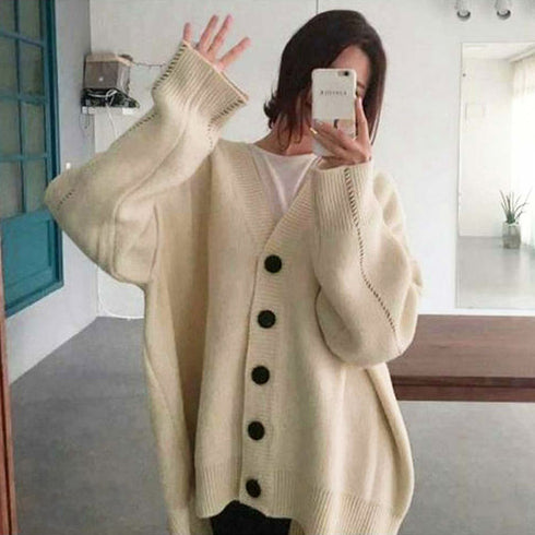 ニットカーディガン レディース アウター ゆったり 韓国風 トップス 羽織り vネックカーデ 体型カバー 長袖 中厚手 ドロップショルダー カーディガン 春秋冬 WANGYUE-002