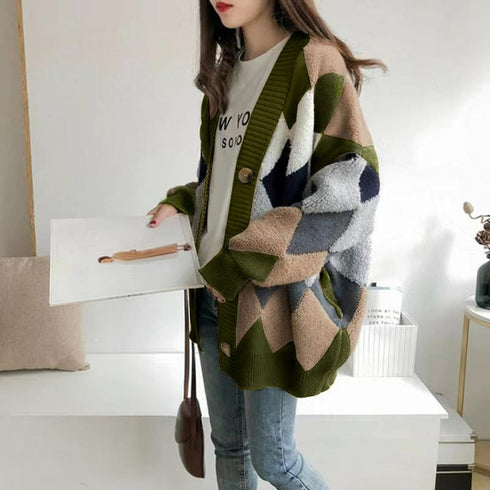 配色ニットカーディガン 韓国風レディース アーガイル柄 ニットアウター vネック 中厚手 長袖ニットソー 体型カバー羽織 お洒落カーデ カジュアル 女子ニット WANGYUE-017