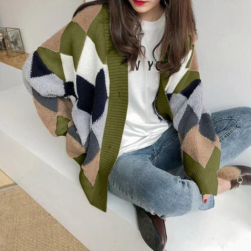 配色ニットカーディガン 韓国風レディース アーガイル柄 ニットアウター vネック 中厚手 長袖ニットソー 体型カバー羽織 お洒落カーデ カジュアル 女子ニット WANGYUE-017