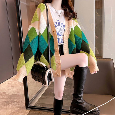 配色ニットカーディガン 韓国風レディース アーガイル柄 ニットアウター vネック 中厚手 長袖ニットソー 体型カバー羽織 お洒落カーデ カジュアル 女子ニット WANGYUE-017