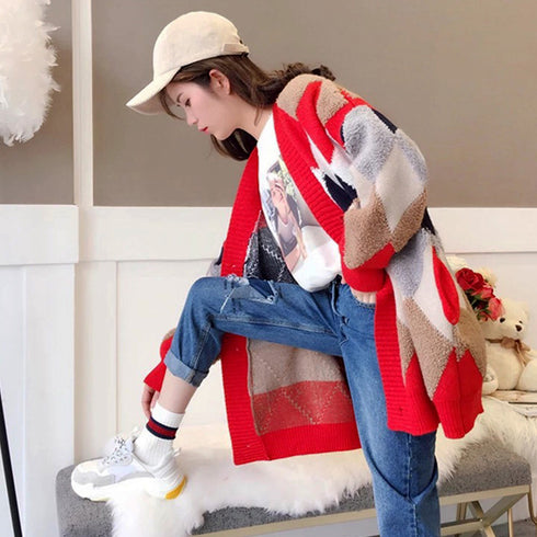 配色ニットカーディガン 韓国風レディース アーガイル柄 ニットアウター vネック 中厚手 長袖ニットソー 体型カバー羽織 お洒落カーデ カジュアル 女子ニット WANGYUE-017