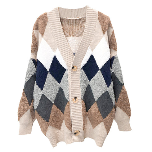 配色ニットカーディガン 韓国風レディース アーガイル柄 ニットアウター vネック 中厚手 長袖ニットソー 体型カバー羽織 お洒落カーデ カジュアル 女子ニット WANGYUE-017