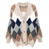 配色ニットカーディガン 韓国風レディース アーガイル柄 ニットアウター vネック 中厚手 長袖ニットソー 体型カバー羽織 お洒落カーデ カジュアル 女子ニット WANGYUE-017