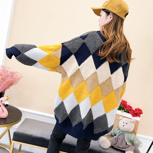 配色ニットカーディガン 韓国風レディース アーガイル柄 ニットアウター vネック 中厚手 長袖ニットソー 体型カバー羽織 お洒落カーデ カジュアル 女子ニット WANGYUE-017