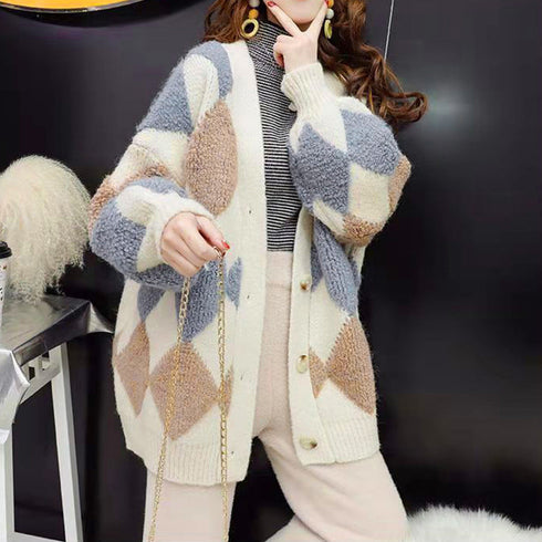 配色ニットカーディガン 韓国風レディース アーガイル柄 ニットアウター vネック 中厚手 長袖ニットソー 体型カバー羽織 お洒落カーデ カジュアル 女子ニット WANGYUE-017