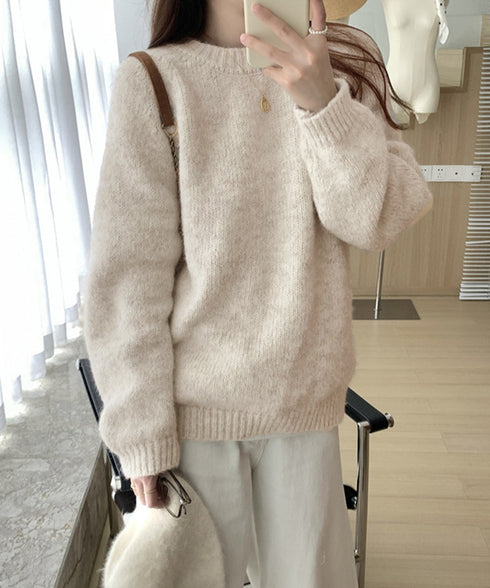 もちもちニットトップスきれいめセーター冬 チクチクしないニットレディース 大人可愛いセーター長袖 オフィスカジュアルトップス秋 着やせニットゆったりラウンドネック WANGYUE-041