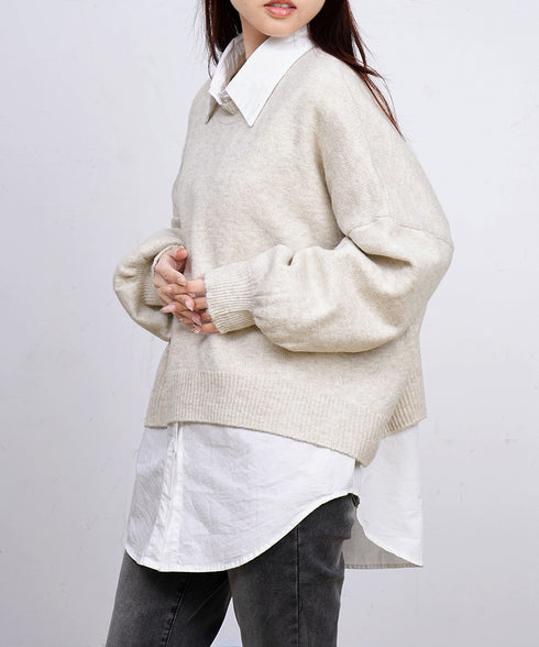 ゆったりコクーンニットミックスカラー秋冬 ふわふわもっちりニットトップス レディース 大人可愛い韓国風 クルーネックカジュアルきれいめセーターおしゃれ 体型カバー WANGYUE-042