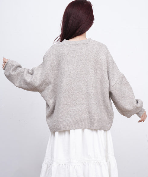 ゆったりコクーンニットミックスカラー秋冬 ふわふわもっちりニットトップス レディース 大人可愛い韓国風 クルーネックカジュアルきれいめセーターおしゃれ 体型カバー WANGYUE-042