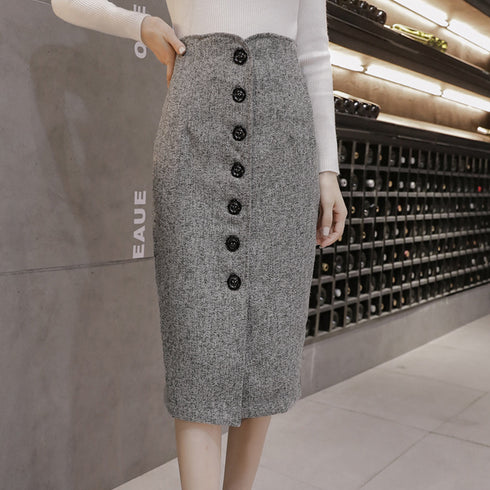 ツイード調スカート 秋冬ペンシルスカート フロントボタン レディース 韓国 ハイウエストタイトスカート 着やせ ミモレ丈スカート 大人きれいめボトムス お洒落無地 YANY-018