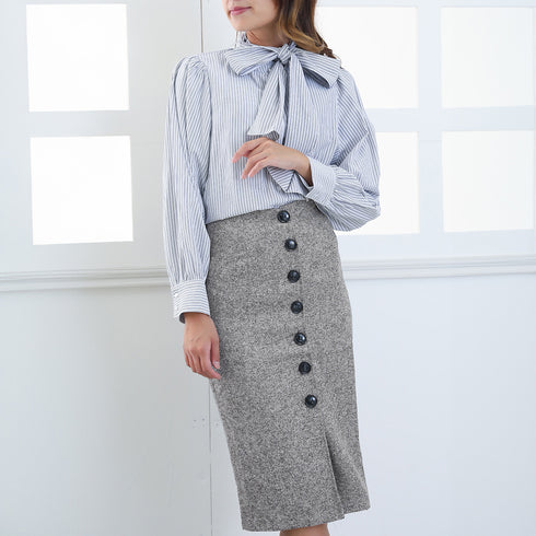 ツイード調スカート 秋冬ペンシルスカート フロントボタン レディース 韓国 ハイウエストタイトスカート 着やせ ミモレ丈スカート 大人きれいめボトムス お洒落無地 YANY-018