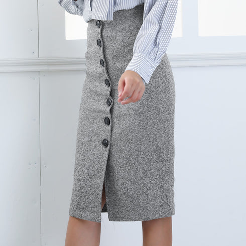 ツイード調スカート 秋冬ペンシルスカート フロントボタン レディース 韓国 ハイウエストタイトスカート 着やせ ミモレ丈スカート 大人きれいめボトムス お洒落無地 YANY-018