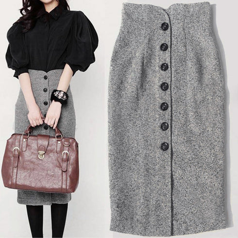 ツイード調スカート 秋冬ペンシルスカート フロントボタン レディース 韓国 ハイウエストタイトスカート 着やせ ミモレ丈スカート 大人きれいめボトムス お洒落無地 YANY-018