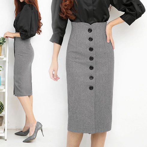 ツイード調スカート 秋冬ペンシルスカート フロントボタン レディース 韓国 ハイウエストタイトスカート 着やせ ミモレ丈スカート 大人きれいめボトムス お洒落無地 YANY-018