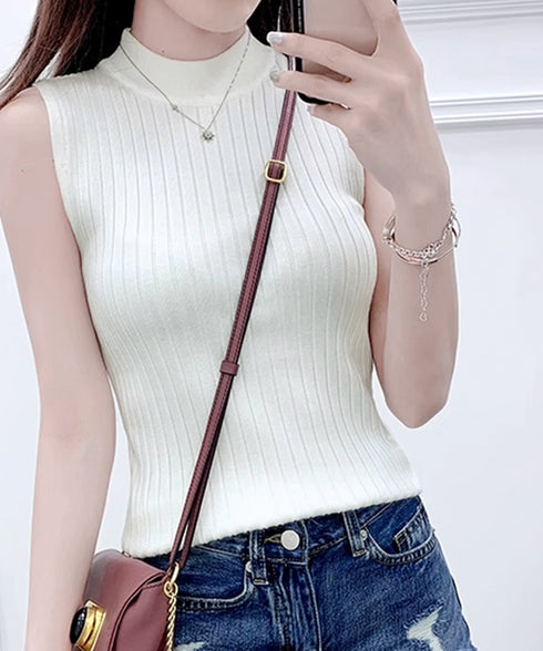 リブニットトップスレディースタンクトップ 韓国風 クルーネックニット 着回し インナートップス ノースリーブ 重ね着ニットタンクトップ 着やせ 春夏秋冬ニットソー YYM-001