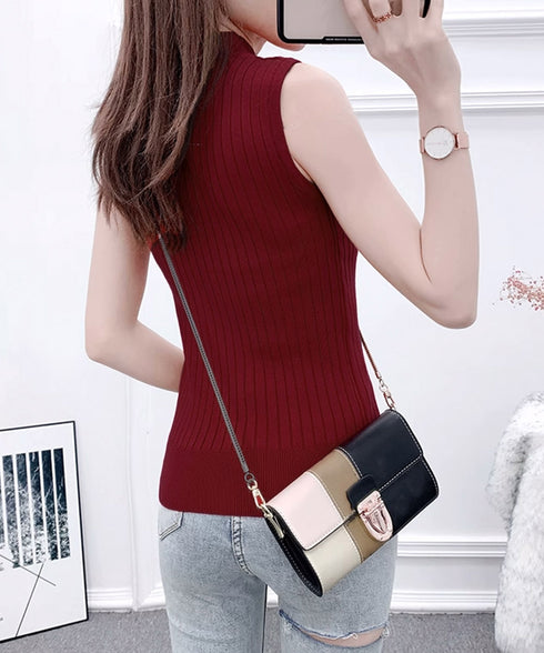 リブニットトップスレディースタンクトップ 韓国風 クルーネックニット 着回し インナートップス ノースリーブ 重ね着ニットタンクトップ 着やせ 春夏秋冬ニットソー YYM-001