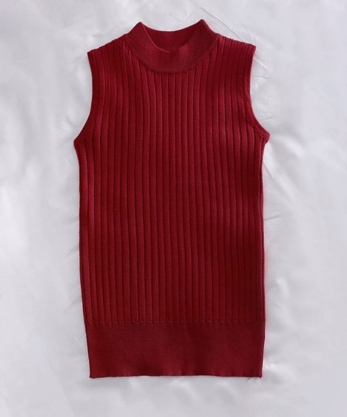 リブニットトップスレディースタンクトップ 韓国風 クルーネックニット 着回し インナートップス ノースリーブ 重ね着ニットタンクトップ 着やせ 春夏秋冬ニットソー YYM-001