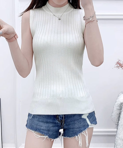 リブニットトップスレディースタンクトップ 韓国風 クルーネックニット 着回し インナートップス ノースリーブ 重ね着ニットタンクトップ 着やせ 春夏秋冬ニットソー YYM-001