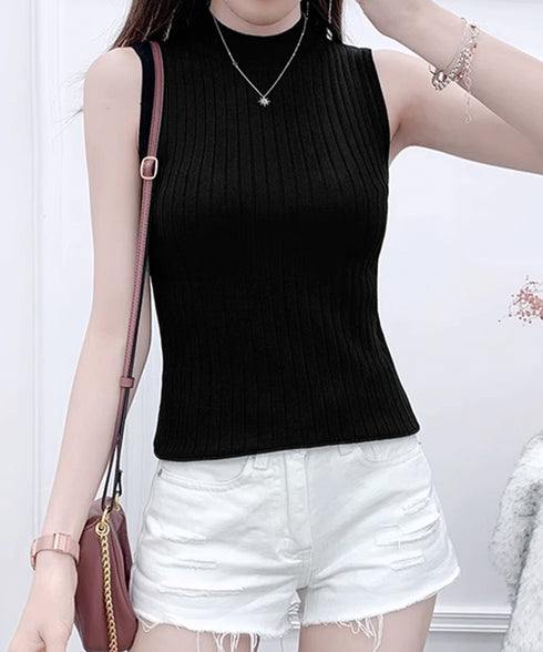 リブニットトップスレディースタンクトップ 韓国風 クルーネックニット 着回し インナートップス ノースリーブ 重ね着ニットタンクトップ 着やせ 春夏秋冬ニットソー YYM-001