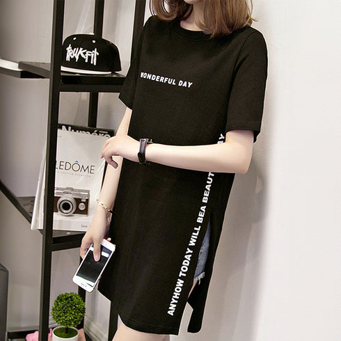 ロゴtシャツ レディース 半袖カジュアル チュニック tシャツ サイドスリット ロング丈Tシャツ 体型カバーカットソー 韓国夏服 プリント おしゃれ ロンT着やせ ZHUIMR-004