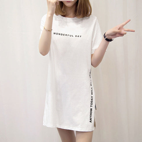 ロゴtシャツ レディース 半袖カジュアル チュニック tシャツ サイドスリット ロング丈Tシャツ 体型カバーカットソー 韓国夏服 プリント おしゃれ ロンT着やせ ZHUIMR-004