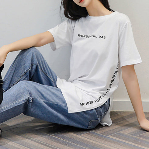 ロゴtシャツ レディース 半袖カジュアル チュニック tシャツ サイドスリット ロング丈Tシャツ 体型カバーカットソー 韓国夏服 プリント おしゃれ ロンT着やせ ZHUIMR-004