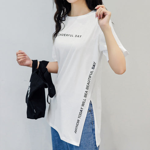 ロゴtシャツ レディース 半袖カジュアル チュニック tシャツ サイドスリット ロング丈Tシャツ 体型カバーカットソー 韓国夏服 プリント おしゃれ ロンT着やせ ZHUIMR-004