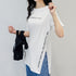ロゴtシャツ レディース 半袖カジュアル チュニック tシャツ サイドスリット ロング丈Tシャツ 体型カバーカットソー 韓国夏服 プリント おしゃれ ロンT着やせ ZHUIMR-004
