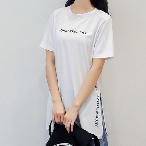 ロゴtシャツ レディース 半袖カジュアル チュニック tシャツ サイドスリット ロング丈Tシャツ 体型カバーカットソー 韓国夏服 プリント おしゃれ ロンT着やせ ZHUIMR-004