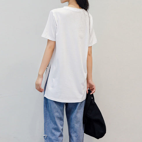 ロゴtシャツ レディース 半袖カジュアル チュニック tシャツ サイドスリット ロング丈Tシャツ 体型カバーカットソー 韓国夏服 プリント おしゃれ ロンT着やせ ZHUIMR-004
