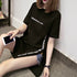 ロゴtシャツ レディース 半袖カジュアル チュニック tシャツ サイドスリット ロング丈Tシャツ 体型カバーカットソー 韓国夏服 プリント おしゃれ ロンT着やせ ZHUIMR-004