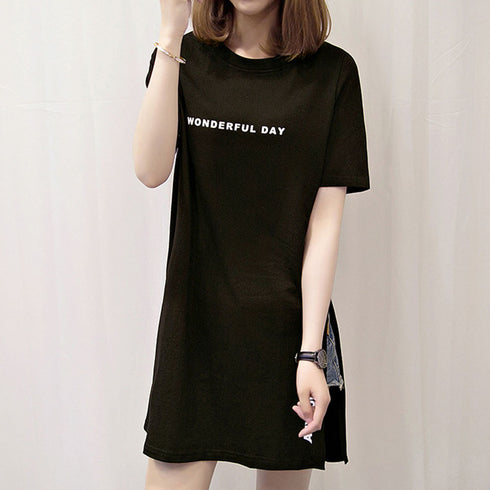ロゴtシャツ レディース 半袖カジュアル チュニック tシャツ サイドスリット ロング丈Tシャツ 体型カバーカットソー 韓国夏服 プリント おしゃれ ロンT着やせ ZHUIMR-004