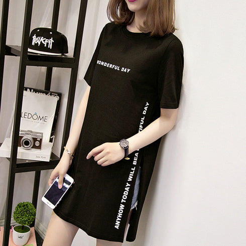 ロゴtシャツ レディース 半袖カジュアル チュニック tシャツ サイドスリット ロング丈Tシャツ 体型カバーカットソー 韓国夏服 プリント おしゃれ ロンT着やせ ZHUIMR-004