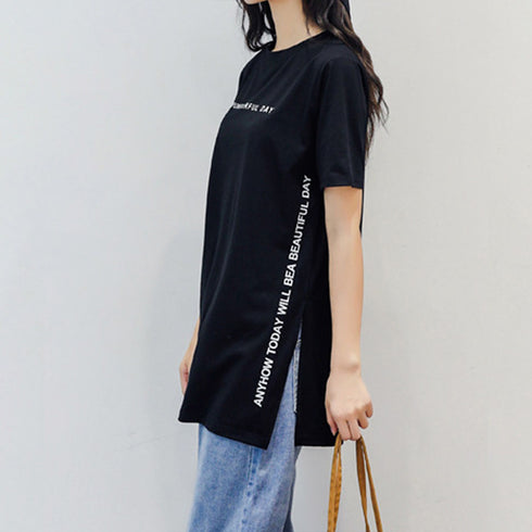 ロゴtシャツ レディース 半袖カジュアル チュニック tシャツ サイドスリット ロング丈Tシャツ 体型カバーカットソー 韓国夏服 プリント おしゃれ ロンT着やせ ZHUIMR-004