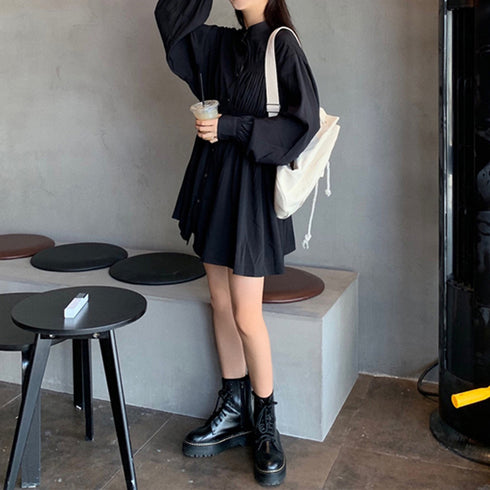 韓国 シャツワンピース 長袖 ミニワンピ 体型カバー チュニックワンピ ウエストマーク ブラウスワンピース レディース ロング丈シャツブラウス 長袖トップス春夏秋 ZHUIMR-025