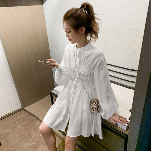 韓国 シャツワンピース 長袖 ミニワンピ 体型カバー チュニックワンピ ウエストマーク ブラウスワンピース レディース ロング丈シャツブラウス 長袖トップス春夏秋 ZHUIMR-025